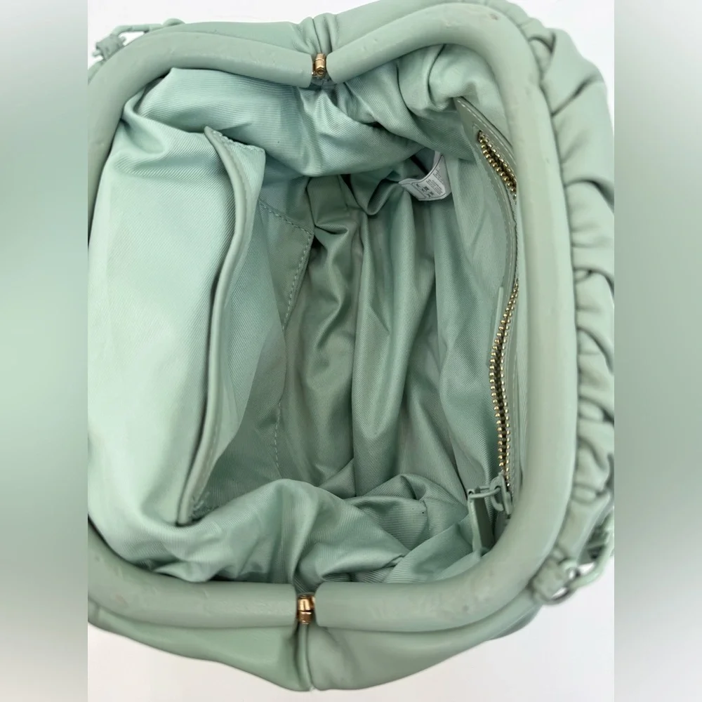 V°73 Sage Green Ruched Shoulder Bag with Chain Strap Soft Pebble Leather Purse